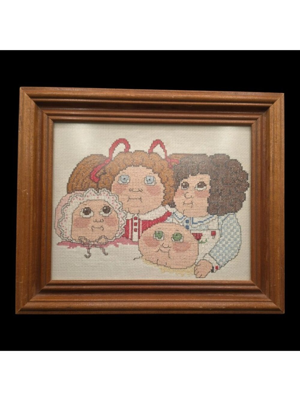 Framed Vintage Needlepoint Cabbage Patch Dolls Wall Art